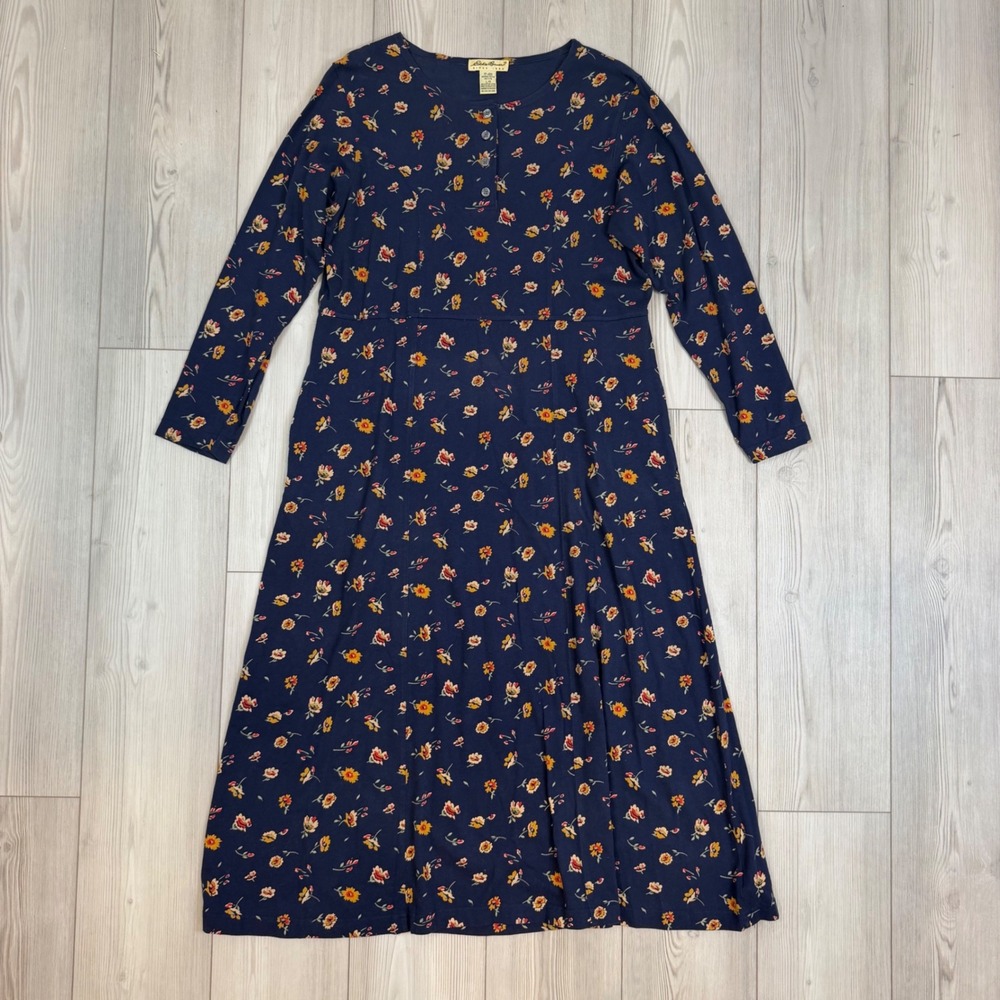 Eddie Bauer Navy Blue Floral Cotton Henley Maxi Dress Long Sleeve Pockets L P